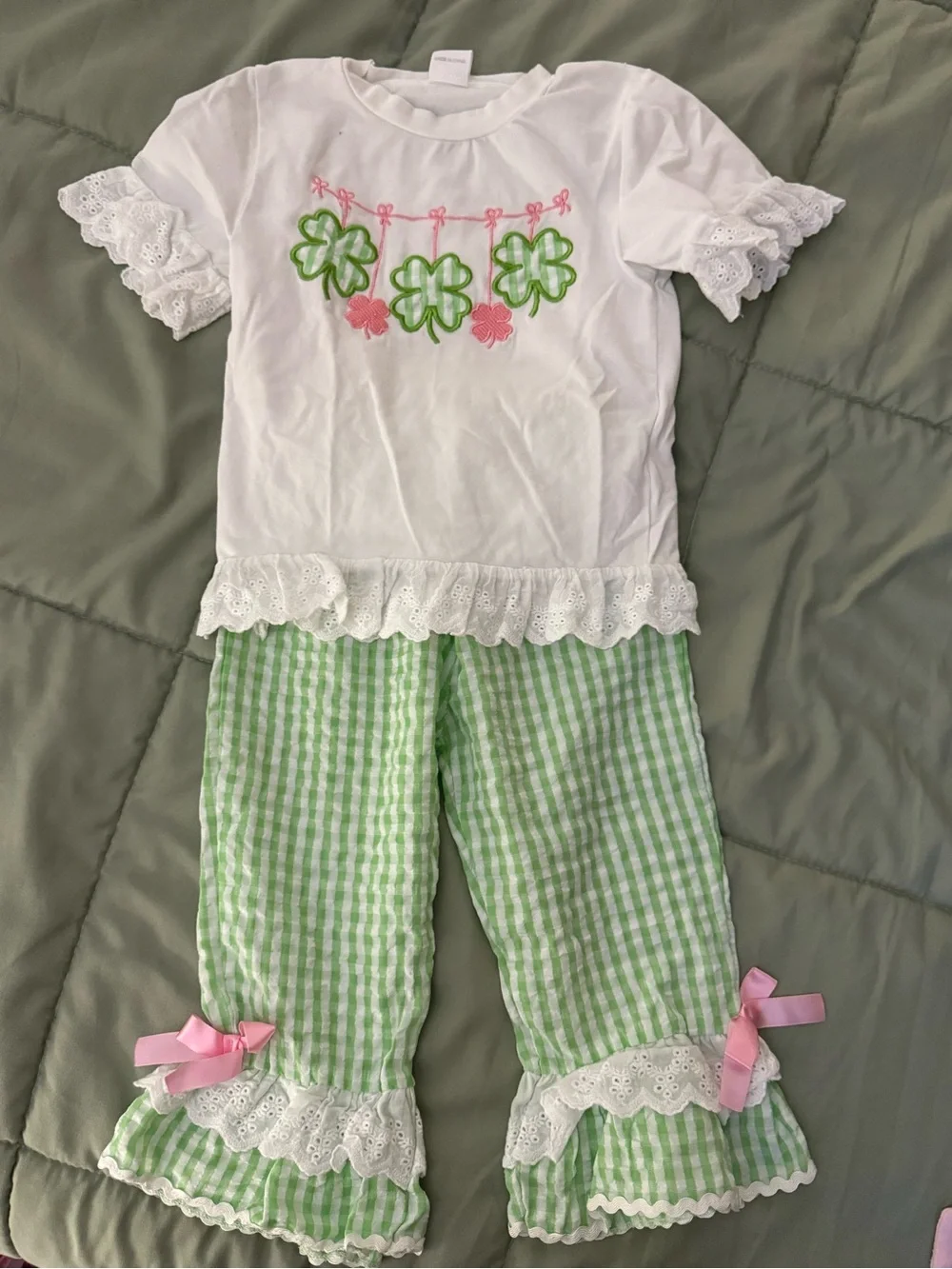 Boutique White Top & Light Green Gingham Set with Pink Accents